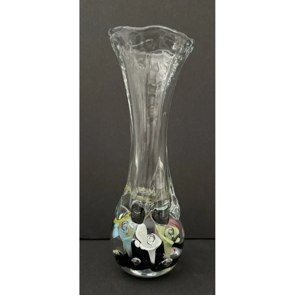 Vintage MCM St Clair Art Glass Bud Vase Pastel Flowers Handblown with Bubbles